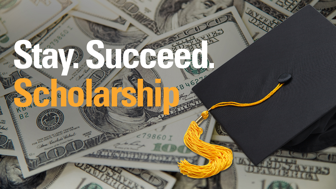 Scholarship graphic with grad cap and money